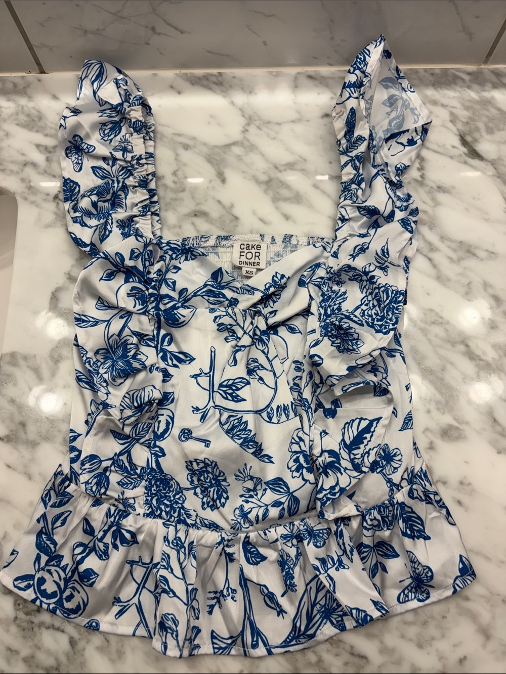 cake FOR dinner Blue Floral Ruffle Tank Top - White/Blue
